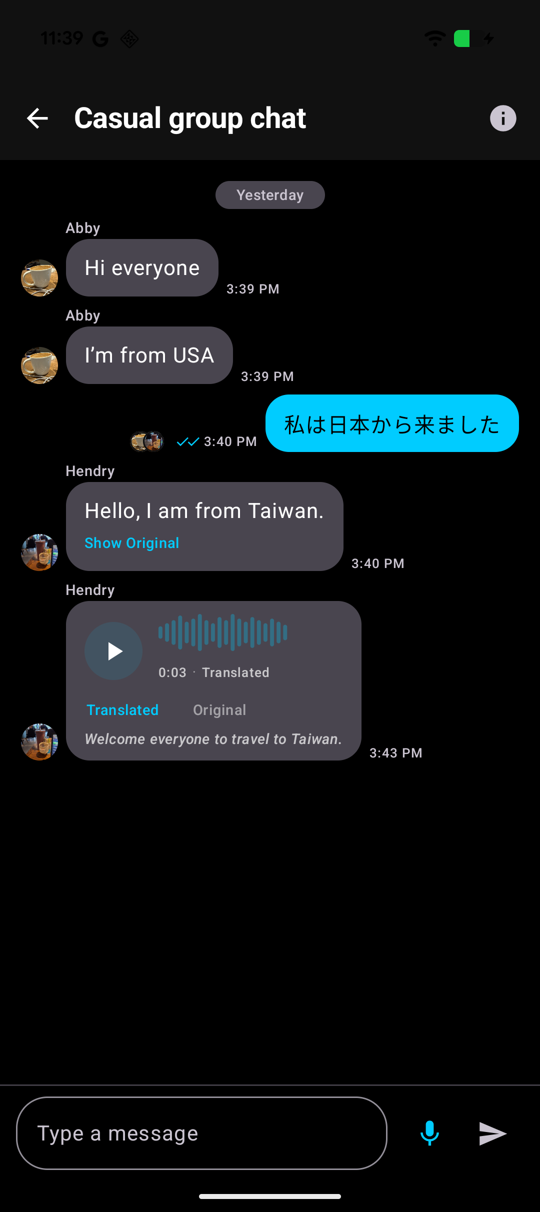 Group chat with translated messages and voice